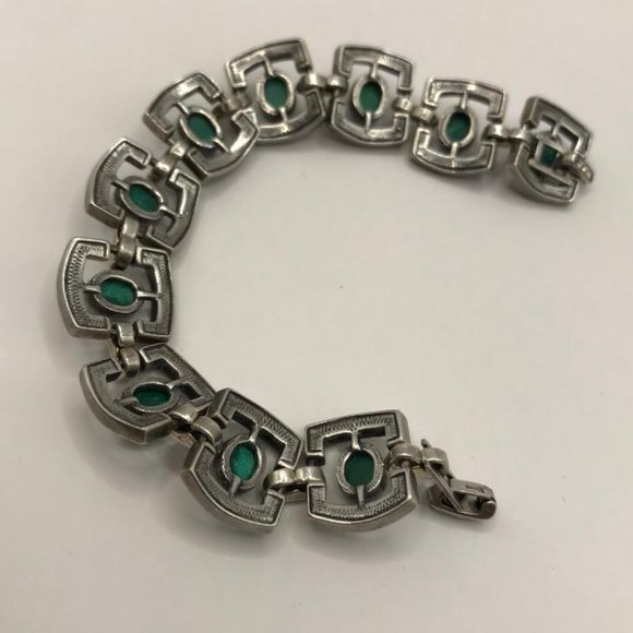 Jenavi Silver Panels Bracelet with Rhinestones and Malachite Cabachons. - Picture 5 of 7